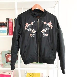 Black bomber with floral embroidery